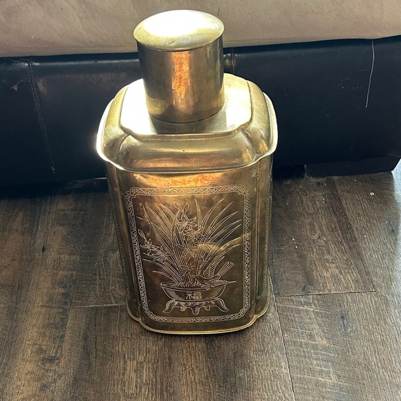 Other - Vintage Large Etched Brass Chinoiserie Tea Caddy Canister Hong Kong Birds Bamboo
